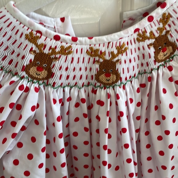 Southern smocked Christmas reindeer bishop dress - Picture 2 of 5